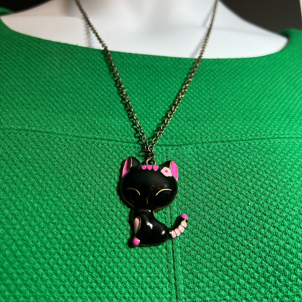 Black and Pink Cat Pendant Necklace NWOT 23”